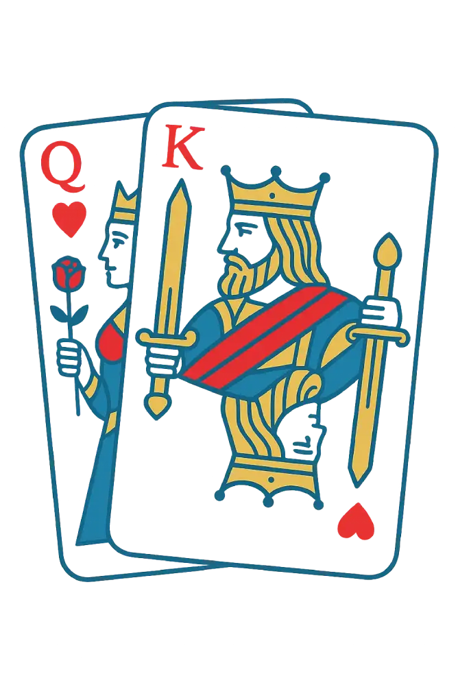 Illustration of the King and Queen of Hearts playing cards, with the King holding a sword and the Queen holding a rose, both outlined in red, blue, and gold on a black background.