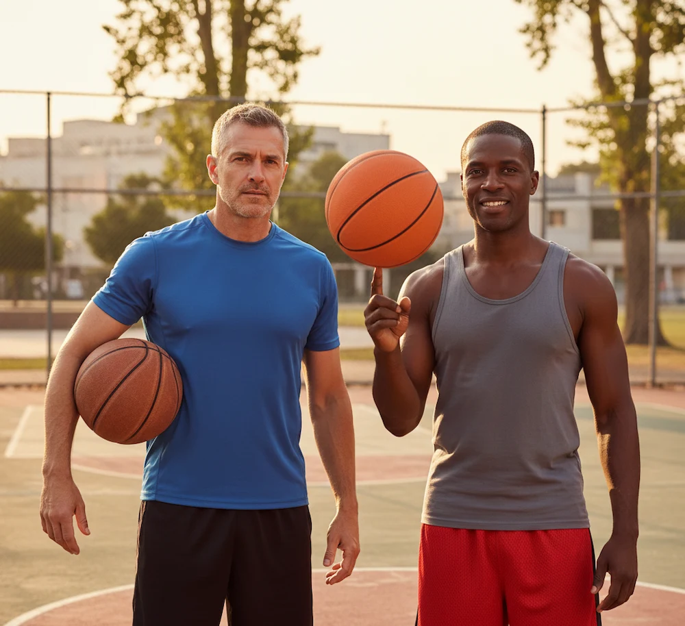 two middle aged men holding basketballs preparing for athletic performance