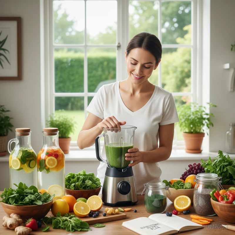 female preparing nutritional food to support healthy diet with fruit and veggie detox